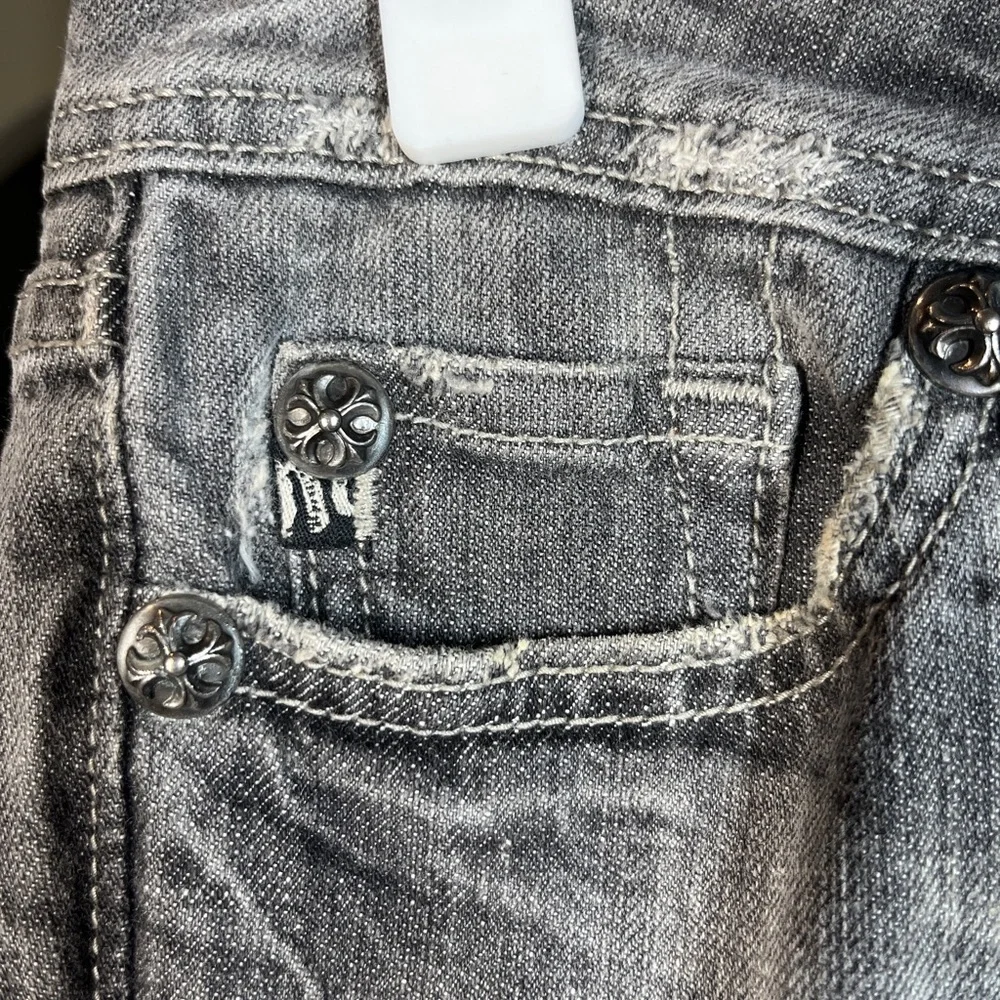 Miss Me‎ Skull Rhinestone Denim Jeans Grey Gray Halloween Rocker 27 Bling